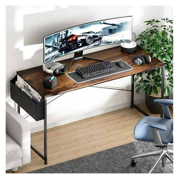 WDZS 55-Inch Computer Desk, Home Office Writing Study Desk with Storage Bag, Modern Simple Laptop Table, Rustic Brown