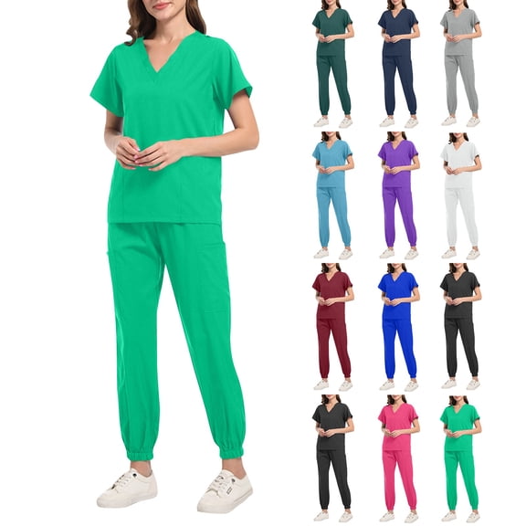 Minjewel Women's V-Neck Short Sleeve Scrubs for Women Set with Tapered Pants & Pockets, Sleek & Professional Scrub Set for Healthcare Workers,Cyan M