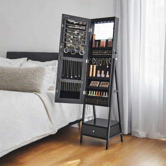 LEDREM LED Mirror Jewelry Cabinet - Full-Length Standing Armoire with 150  Storage Slots, Lockable Drawers & Shelves, Space-Saving Design, Ink Black