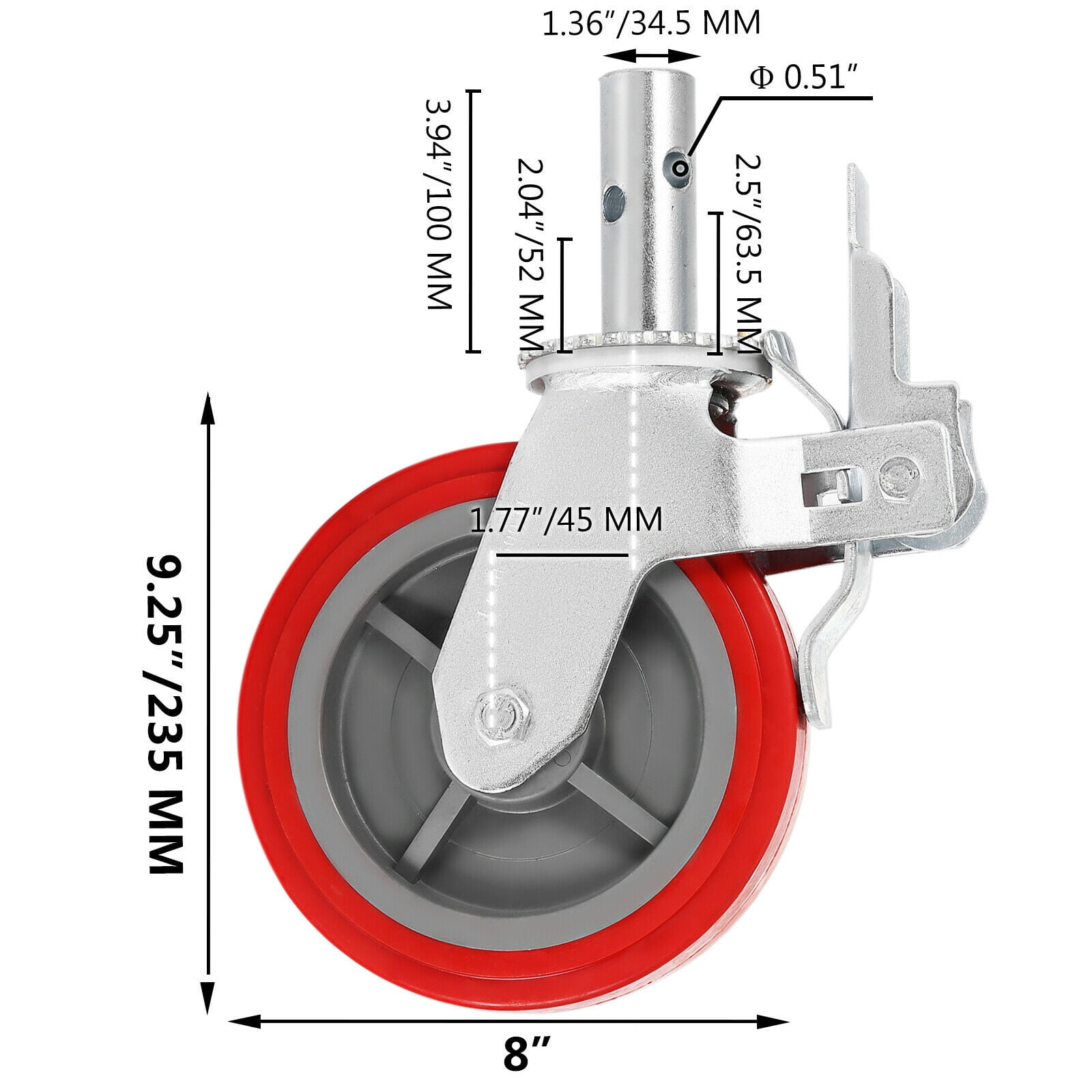 KFFKFF Set of 4 Heavy-Duty 8" Scaffolding Casters, 3200 Lbs Capacity - Locking Stem Wheels with Brake, Red Polyurethane - Ideal for Scaffold, Shelves, and Workbench