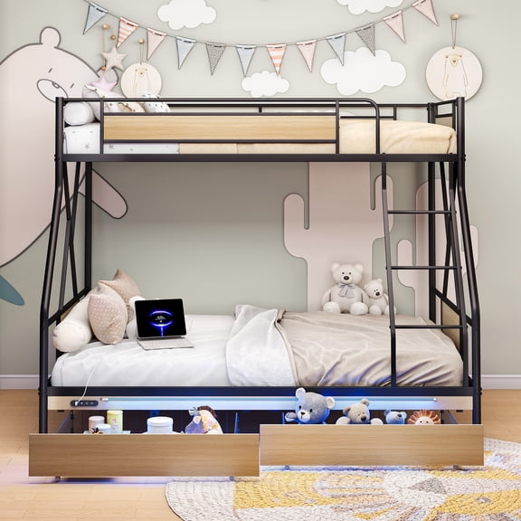 PORKISS Twin over Full Bunk Bed with Drawers for Kids Teens Bedroom, Metal Bunk Bed with USB Charging Station, LED Light, Full-Length Guardrail, Black
