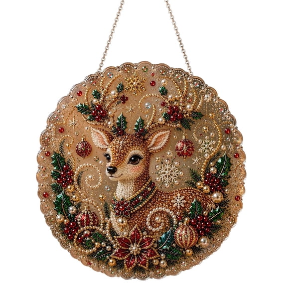 Christmas DIY Pearl Art Craft Kit, 8" Hanging Wall Ornament, 3D Mixed-Sized Pearl Beads Craft, Lace Trim Acrylic Panel, Pre‑Attached Metal Chain, Holiday Seasonal Decor Supplies, Wall Decor,E