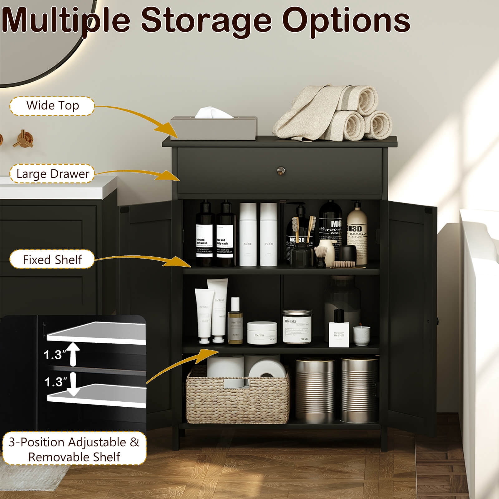 Costway Bathroom Floor Cabinet Freestanding Storage Organizer with 2 Doors Storage Cabinet Black