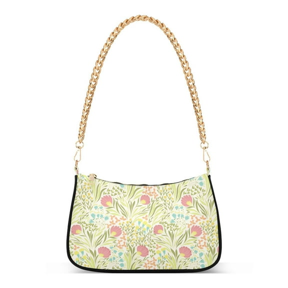 Womens Chain Shoulder Bag Floral with Green Leaves Classic Tote Handbags Fashion Clutch Hobo Purse with Zipper for Travel Casual
