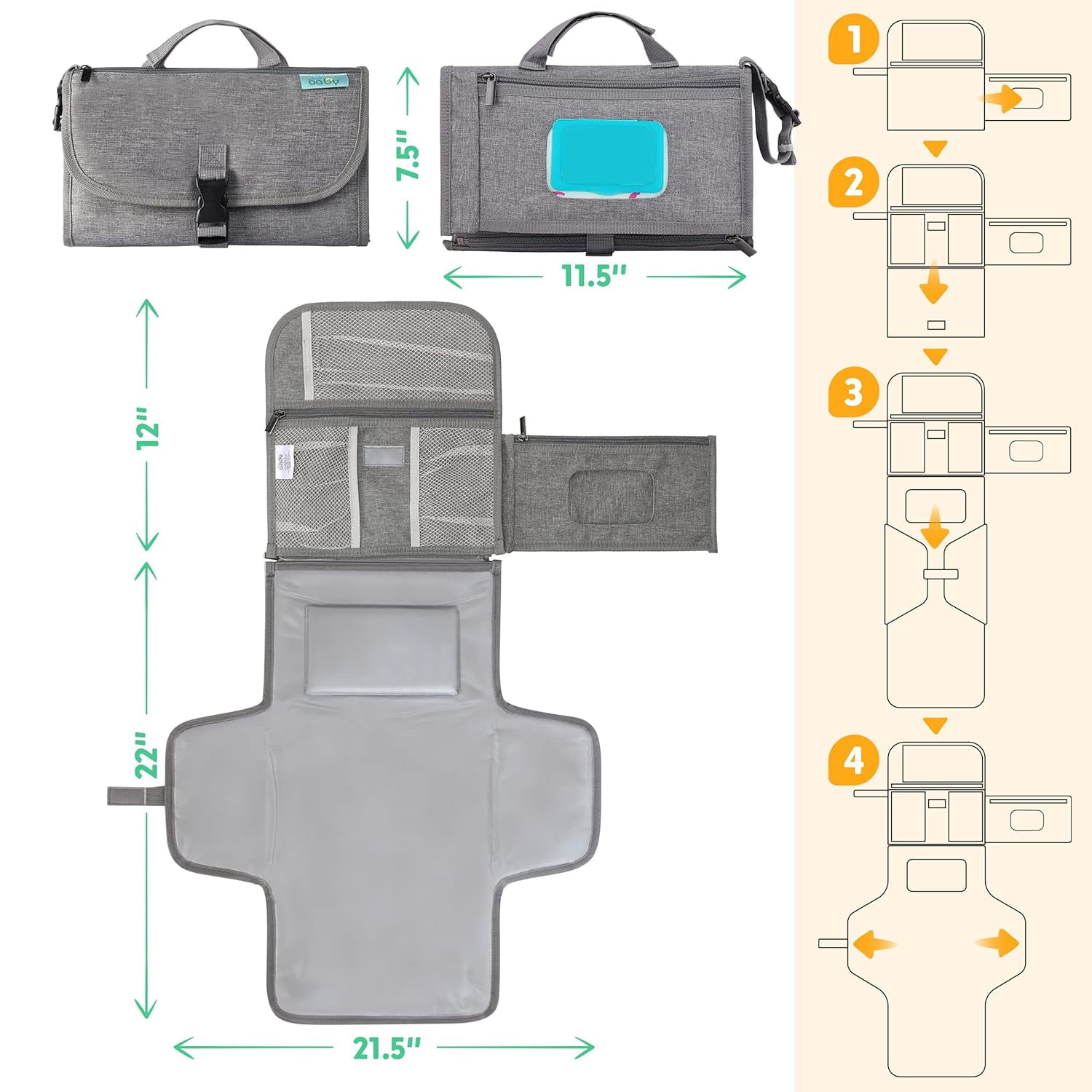 Kopi Baby Portable Diaper Changing Pad with Wipes Pocket, Travel Changing Mat for Baby, Premium Grey, 1 Piece