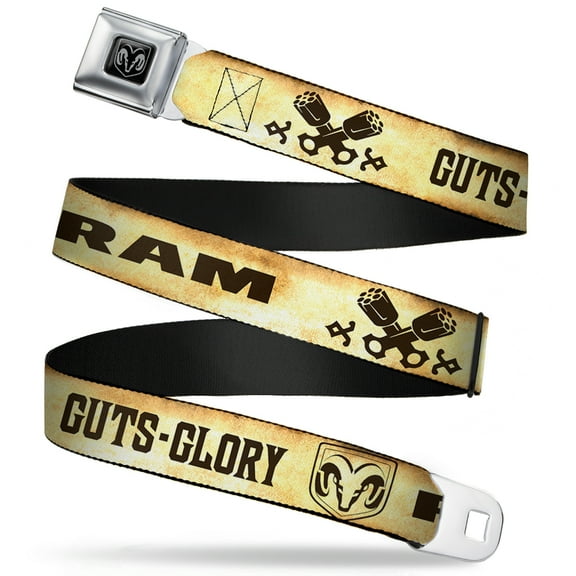 Ram Belt, Seatbelt Buckle Belt, Ram Logo Pistons Guts Glory Weathered Chocolate Brown, 34 to 52 Inches