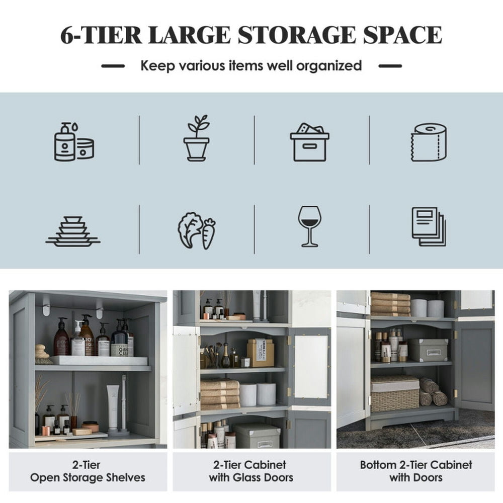Finihen Bathroom Storage Cabinet, Bathroom Floor Cabinet, 6-Tier Freestanding Bathroom Cabinet with 2 Open Compartments and Adjustable Shelves, for Bathroom, Living Room, Bedroom, Kitchen, Gray Finihen Bathroom Storage Cabinet, Bathroom Floor Cabinet, 6-Tier Freestanding Bathroom Cabinet with 2 Open Compartments and Adjustable Shelves, for Bathroom, Living Room, Bedroom, Kitchen, Gray
