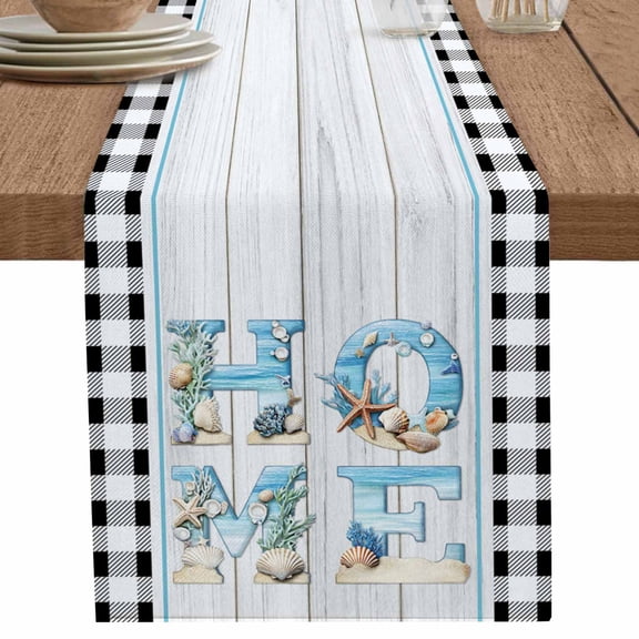 nqOlkjepod Coastal Beach Table Runner 108 Inches Long Farmhouse Dress Scarves, Summer Wood Grain Black White Plaid Dining Tablerunner for Coffee Table/Kitchen Island/Party Décor, 13" x 108"
