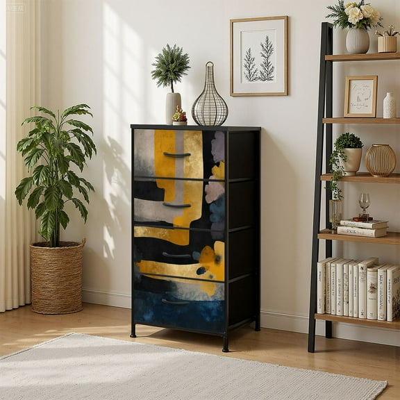 4 Drawer Vertical Storage Dresser Modern abstract geometric art painting oil painting mural with Wood Top Fabric Pull Drawers