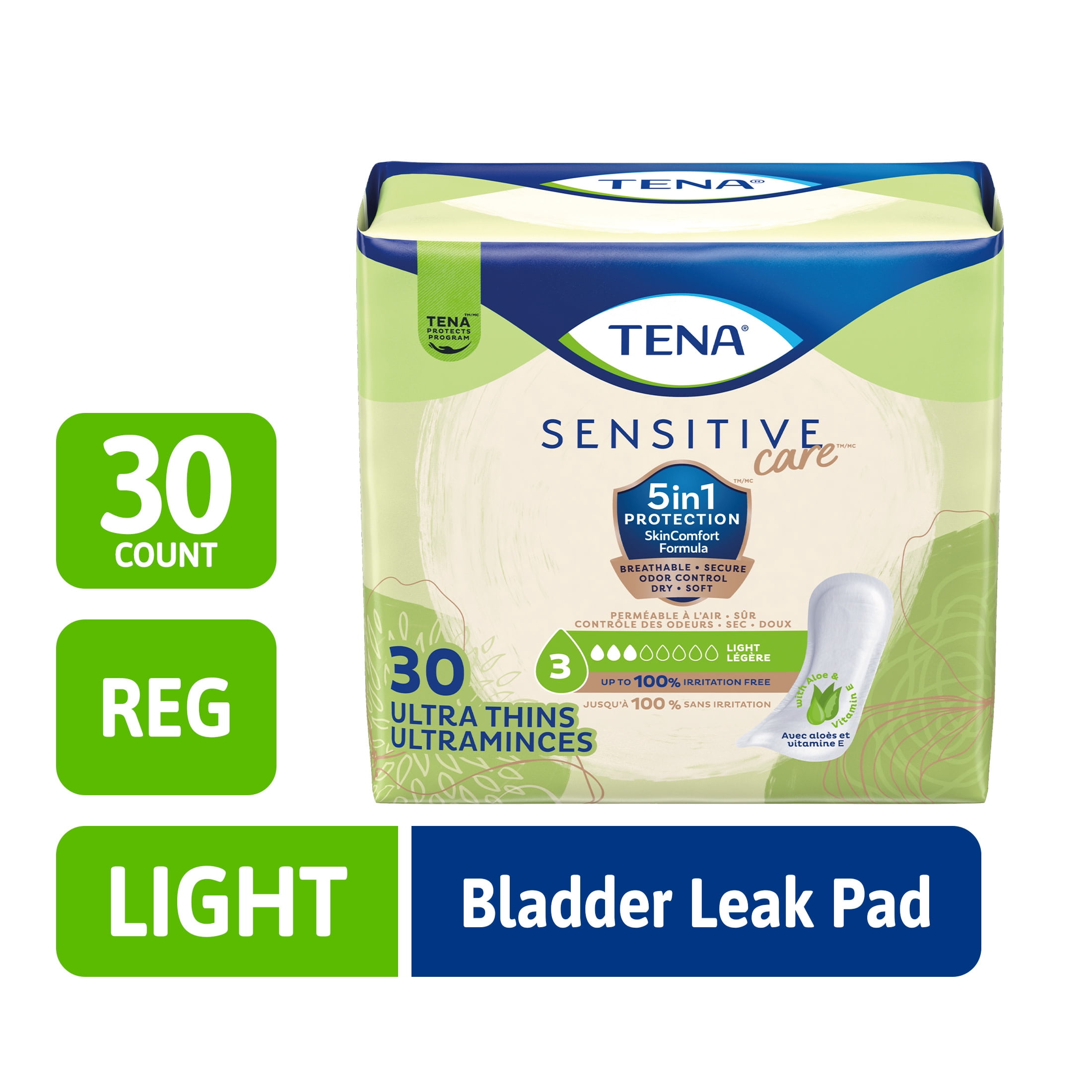 (2 pack) TENA Sensitive Care Ultra Thin Light Incontinence Pads, Regular, 30 Count