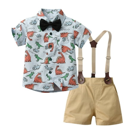 

Toddler Boys Girls Fashion Outfits Set Short Sleeve Cartoon Dinosaur Shirt Tops Shorts With Tie Child Kids Gentleman Outfits For 6-12 Months