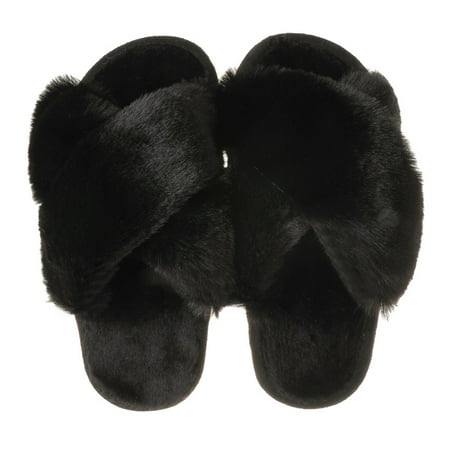 

huanledash 1 Pair Fuzzy Slippers Keep Warm Open Toe Practical Nice-looking Solid Color Cross Band Slippers for Living Room