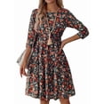 thumbnail image 3 of Women'S 3/4 Sleeve Round Neck Floral Print Midi Dress Summer Casual Dress Multicolor M, 3 of 9