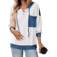 thumbnail image 3 of Women's Contrast Color Stripe V-Neck Hooded Sweatshirt Long Sleeve Casual Pullover with Snap Buttons, 3 of 5