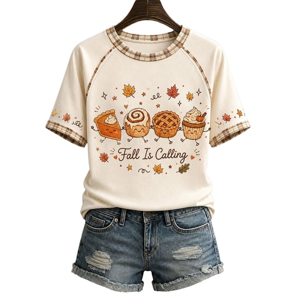 Bexdxz Women's Autumn-Themed Casual Crew Neck Short Sleeve T-Shirt Fall Vibes Cute Halloween Ghost Tee Beige L
