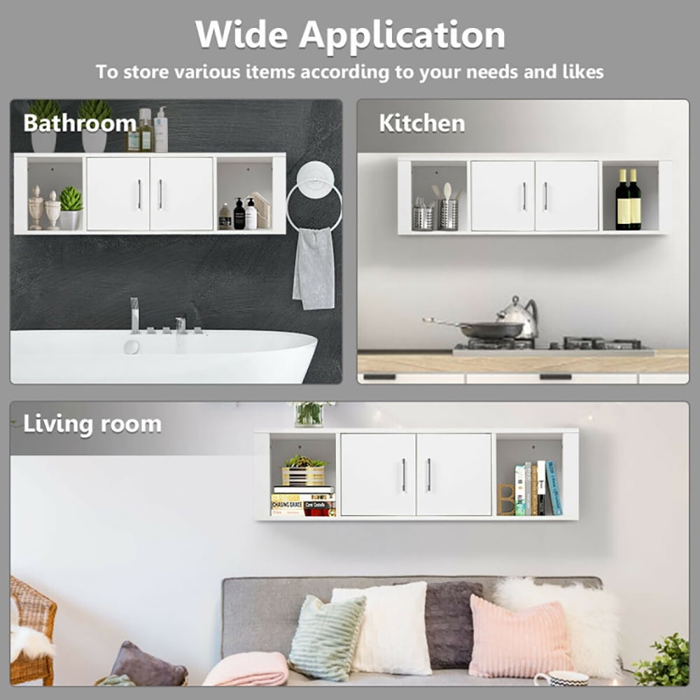Finihen Floating Shelves, Modern Hanging Shelf for Wall Decor, Wall Mounted Floating 2 Door Desk Hutch Storage Shelves, for Living Room, Bedroom, Kitchen, White