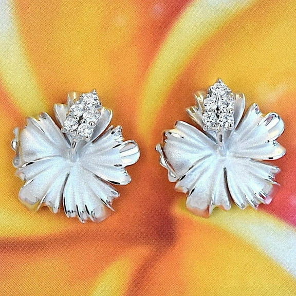 Gorgeous Hawaiian Large Hibiscus Earring, Official Hawaii State Flower, Sterling Silver Hibiscus CZ Stud Earring, E4158 Birthday Mom Gift