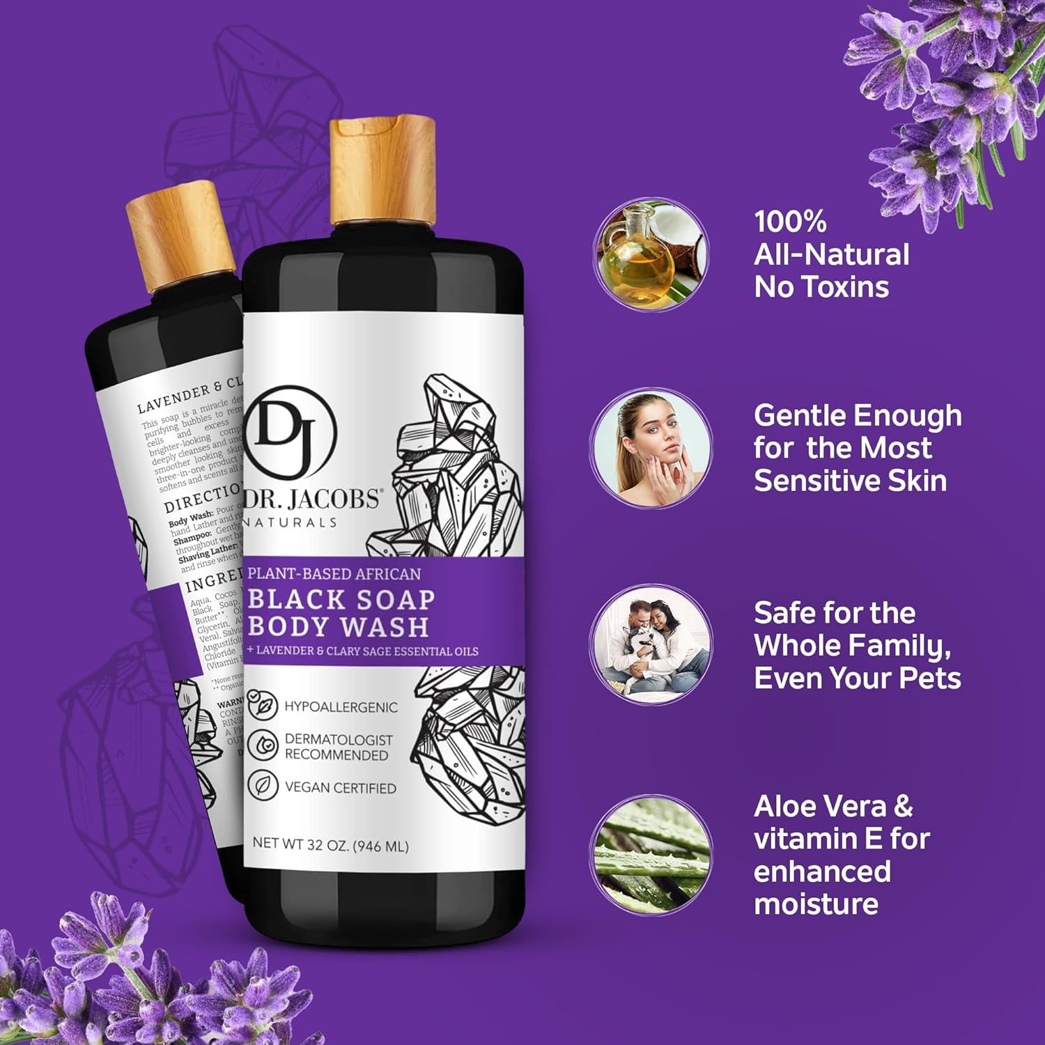 Dr Jacobs Naturals Authentic African Black Soap Body Wash All-In-One Liquid Soap for Face, Body and Hair, Lavender & Sage Scent 32 Oz. 3-Pack