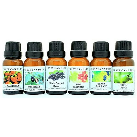 Crazy Candles 6 Bottles Set, 1 Black Currant, 1 Black Currant Rose, 1 Green Apple, 1 Mulberry, 1 Red Currant, 1 Strawberry 1/2 Fl Oz Each (15ml) Premium Fragrance Oils