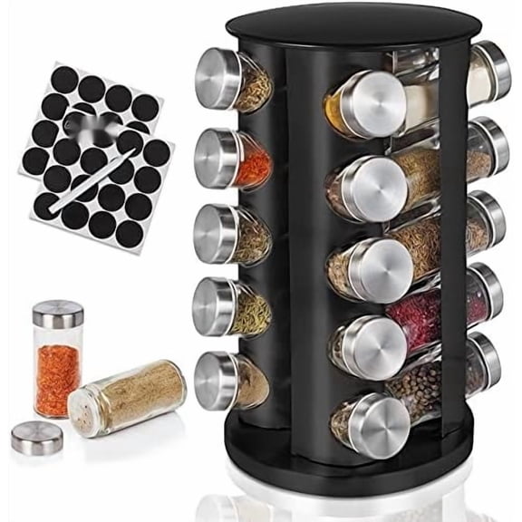 Spice Rack, Spice Organizer for Countertop, Empty 20-Jars Rotating Rack, Spinning flavoring Rack Shelf, Revolving rack for Kitchen (Black)