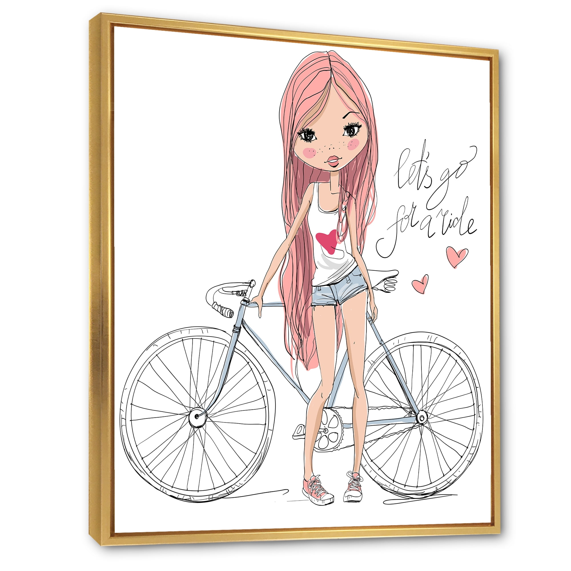Designart 'Young Woman With Bicycle' Children's Art Framed Canvas Wall Art Print