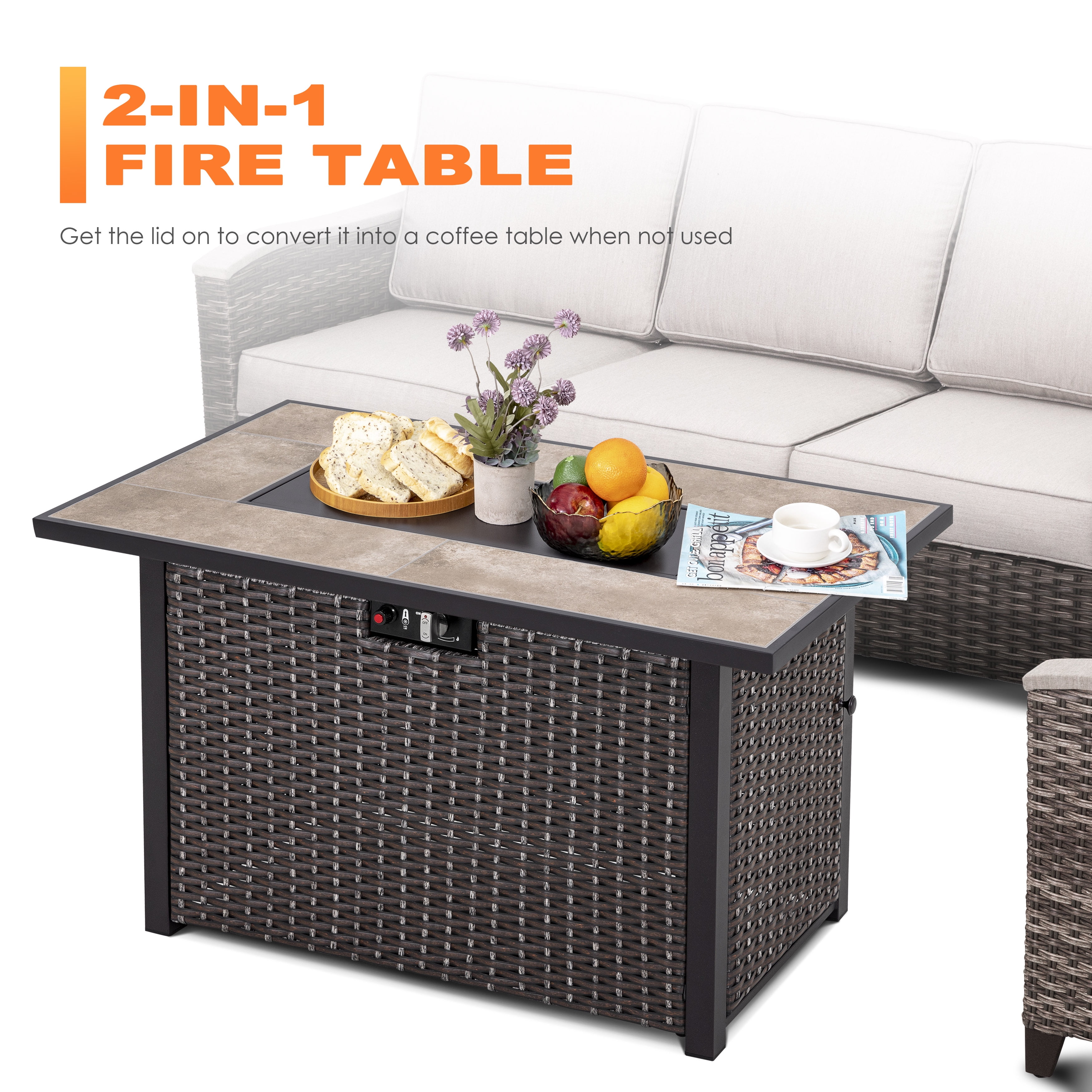 Nuu Garden Outdoor 43 Inch 50,000 BTU Propane Gas Fire Pit Table, Ceramic Tabletop Outdoor Fire Pit Table with Lid,Glass Fire Pit Wind Guard,Cover and Glass Beads, Dark Brown