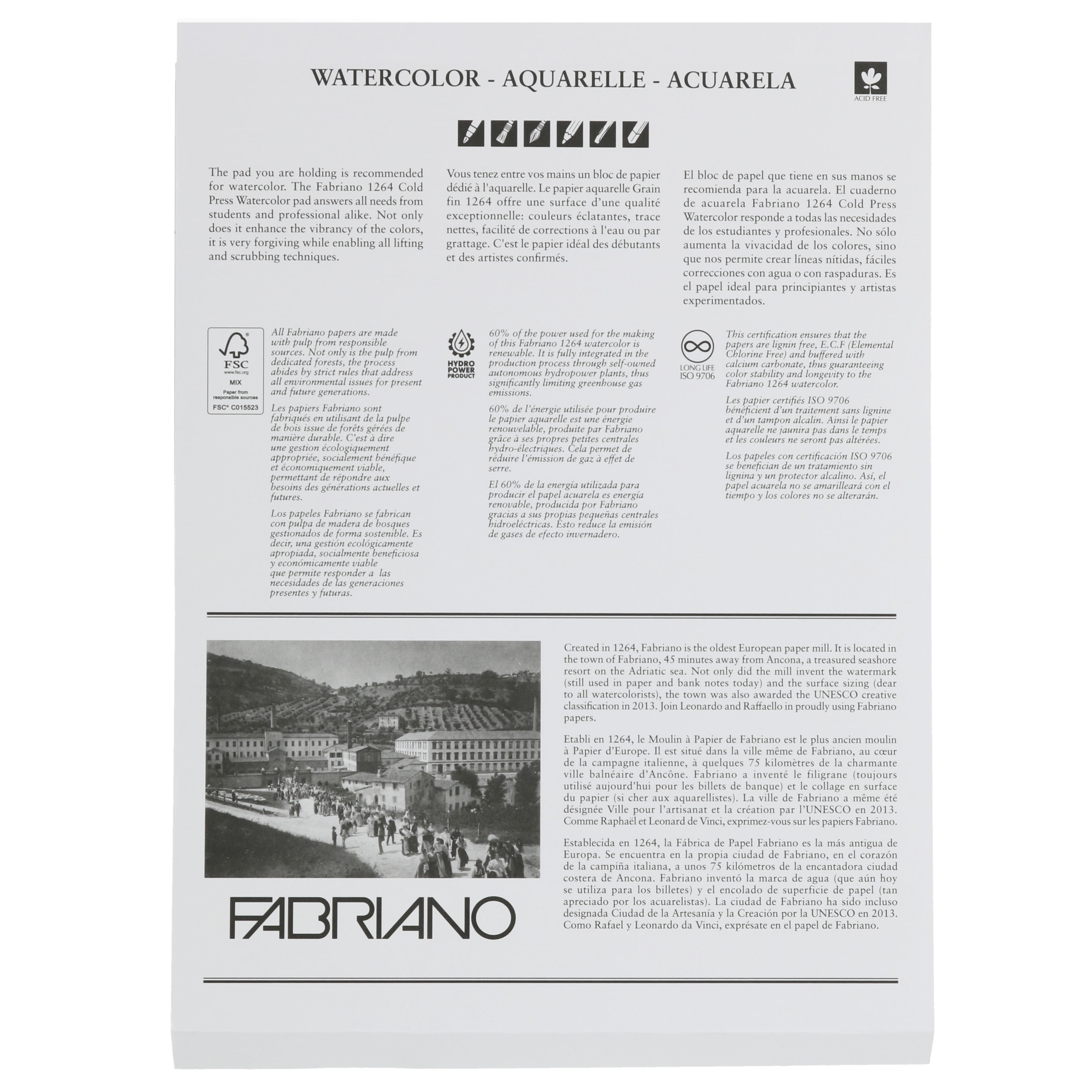 Fabriano 1264 Watercolor Pad, Glue Bound, 9”x12”, 140 lb, 30 Sheets, 100% Alpha-Cellulose, Wet Media, Three Pack