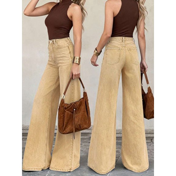 Womens Khaki High-Waisted Wide-Leg Denim Jeans, Casual Flare Pants