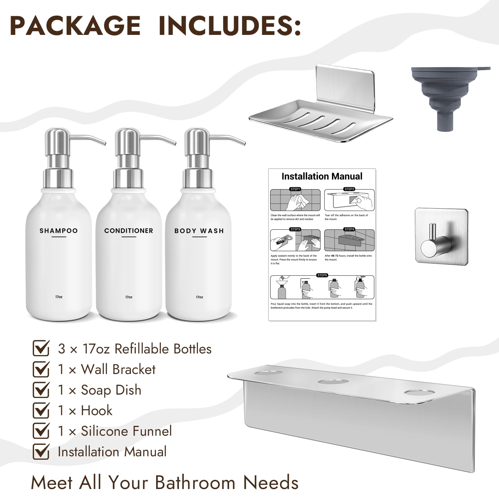 Shampoo and Conditioner Dispenser - Shower Soap Dispenser Wall Mounted - 17 fl oz Set of 3 Silver Plastic Bottles with Pumps & No-Drill Adhesive Holders for Bathroom