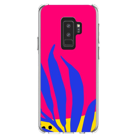 DistinctInk Clear Shockproof Hybrid Case for Samsung Galaxy S9+ PLUS (6.2" Screen) - TPU Bumper, Acrylic Back, Tempered Glass Screen Protector - Summer Vibes Bold Flower Blue Pink Yellow