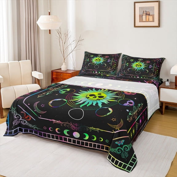 Manfei Moon Skeleton Skull Bed Sheets, Damask Flower Print King Sheets, Mystic Boho Moon Stars Galaxy Sheet Set, Breathable Home Decor, 4pcs