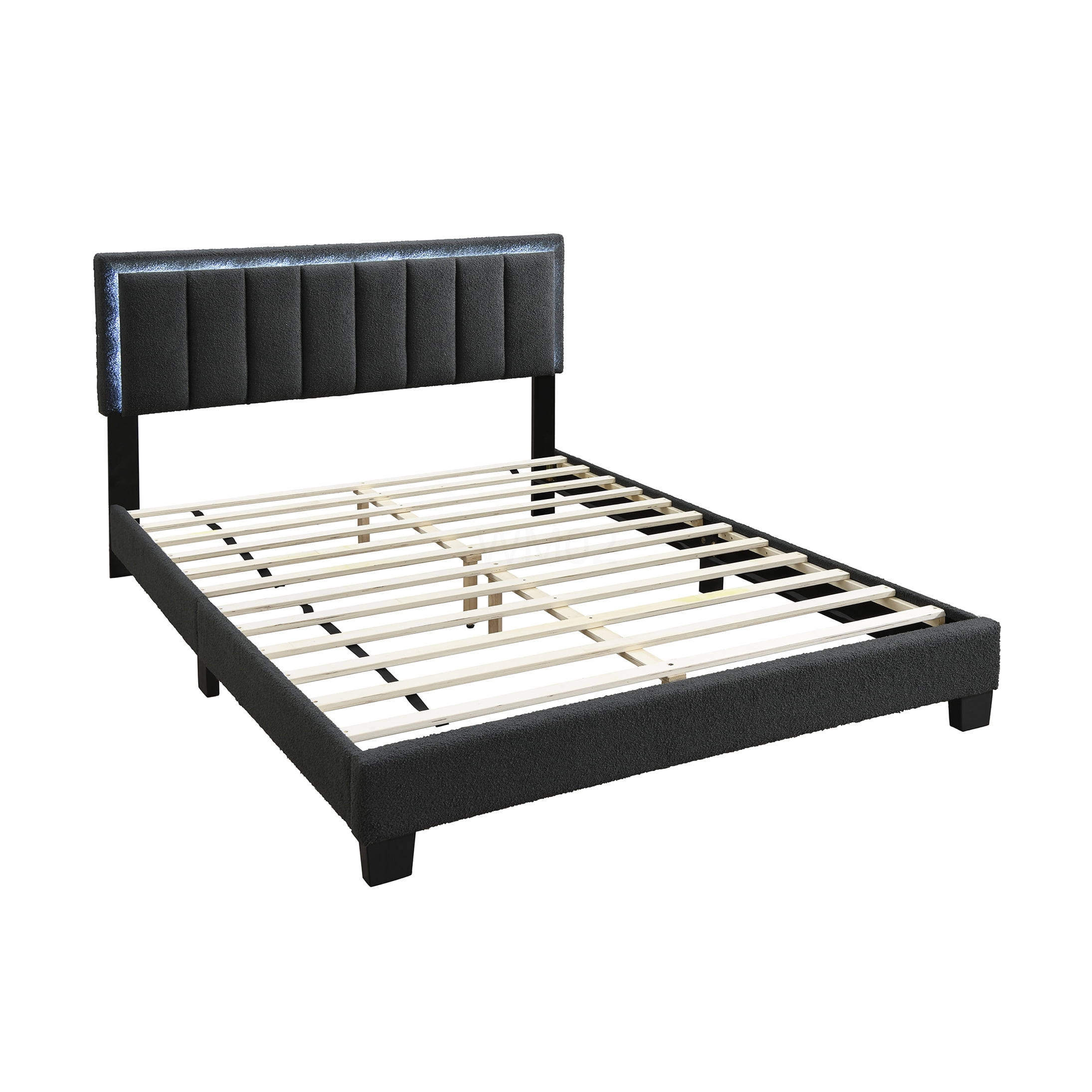 Queen Size Upholstered Bed Frame with LED Headboard, Channel Tufted Fabric Platform Bed, Modern Bedroom Furniture