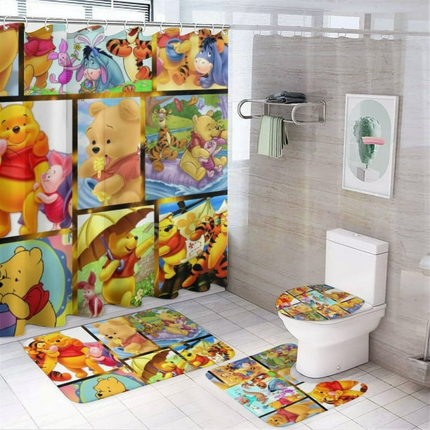 Juego de 4 cortinas de ducha de Winnie The Pooh con alfombrillas antideslizantes, tapa de inodoro y alfombrilla de baño, cortina de ducha impermeable con dibujos animados para niños con 12 ganchos,