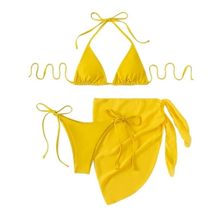 Women s Solid Color Triangle Cup Tie Up Sexy Bikini Top With Skirted Bottoms 3 Piece Set