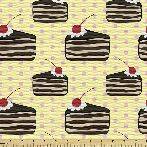 Cartoon Fabric by the Yard, Cake Slices on a Polka-Dotted Pale Yellow Background, Upholstery Fabric for Dining Chairs Home Decor Accents, Yellow Multicolor by Ambesonne