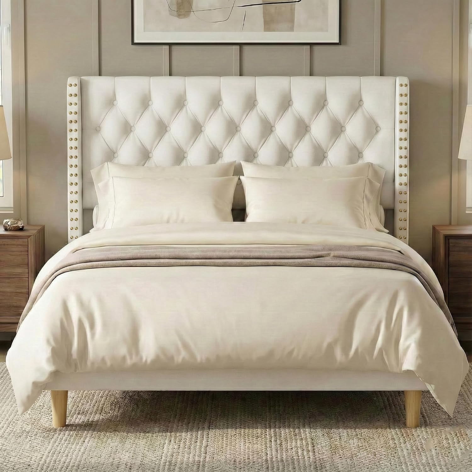 Queen Size White Velvet Upholstered Platform Bed Frame with 47.6" Tall Wingback Tufted Headboard & High Footboard, Gold Nailhead Trim, 1000lbs Heavy Duty Support, No Box Spring Needed