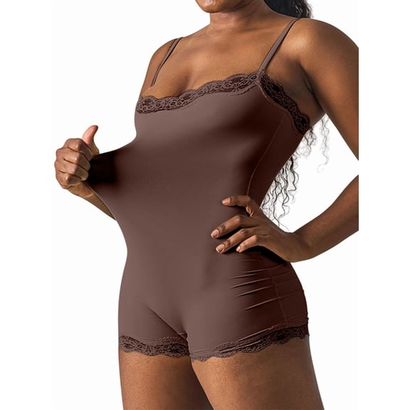 Women'S Long Jumpsuit Square Neck Short Romper Bodysuit One-Piece Lace Trim Shapewear Brown S