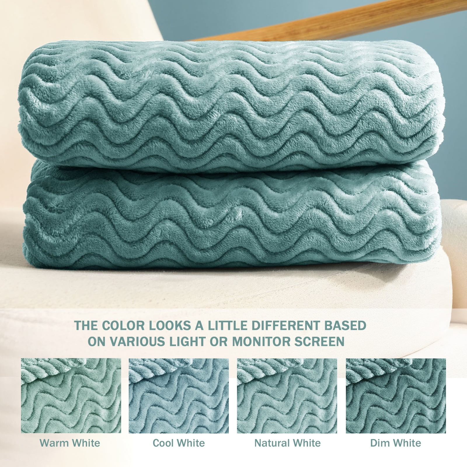 Exclusivo Mezcla King Size Jacquard Weave Wave Pattern Flannel Fleece Velvet Plush Bed Blanket as Bedspread/Coverlet/Bed Cover (90" x 104", Celadon)