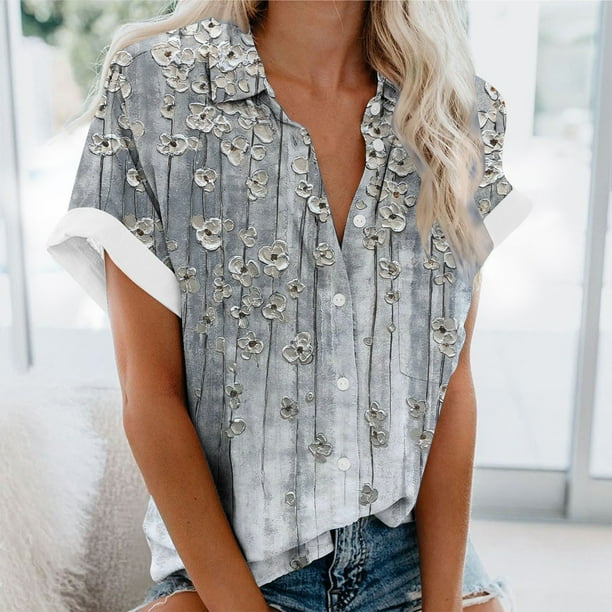 Fiudx Ofertas Flash Del Día Solo En Línea Blusa Casual de Solapa para Mujer con Estampado de Manga Corta y Botones