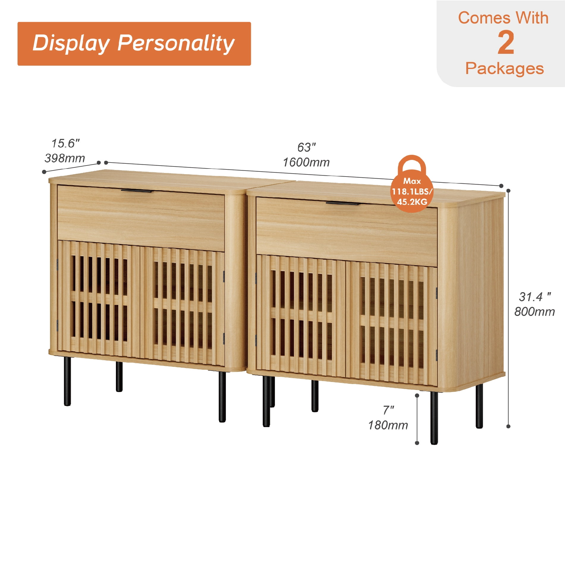63" Sideboard Buffet Cabinet with Storage - Mid Century Modern Accent Coffee Bar for Dinning Room, Living Room, Entryway, Oak