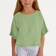 thumbnail image 3 of Faraee Cotton Linen Shirts for Girls 2026 3/4 Sleeve Ruffle Hem Oversized Blouse Kids Loose Fit Crewneck Tops for Summer Beach Vacation 5-15 Years Green, 3 of 6