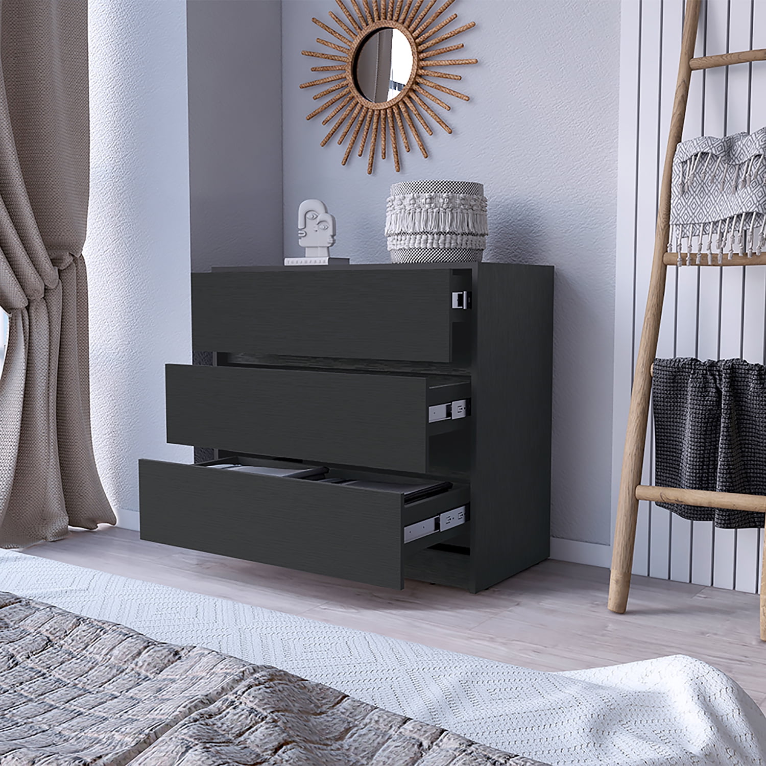 Kadyn Chest of Drawers, Nightstand with Three Drawers, Black Storage Cabinet for Living Room