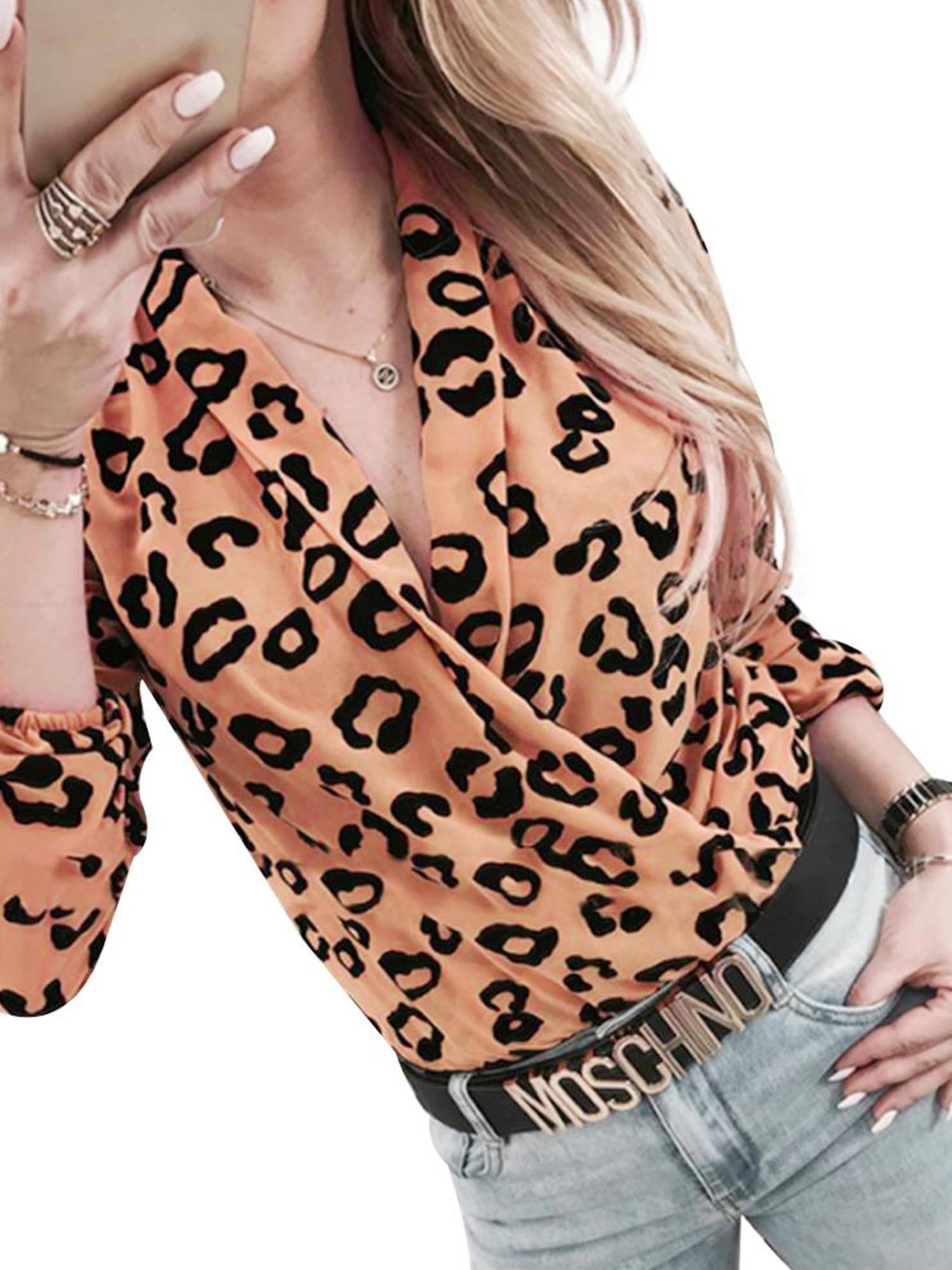 CA Womens Ladies Leopard Print Bodysuit Tuxedo Wrap Over Shirt Playsuit Tops Tee 