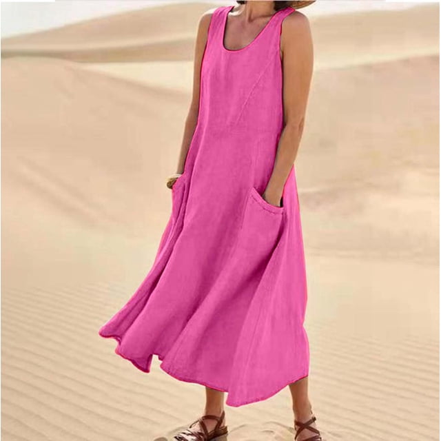 WILLBEST Vestidos De Verano Vestido Largo Informal De Lino De Color Liso Sin Mangas Con Cuello Redondo Y Bolsillos Para Mujer