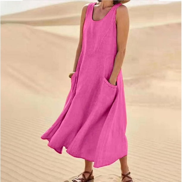 WILLBEST Vestidos De Verano Vestido Largo Informal De Lino De Color Liso Sin Mangas Con Cuello Redondo Y Bolsillos Para Mujer