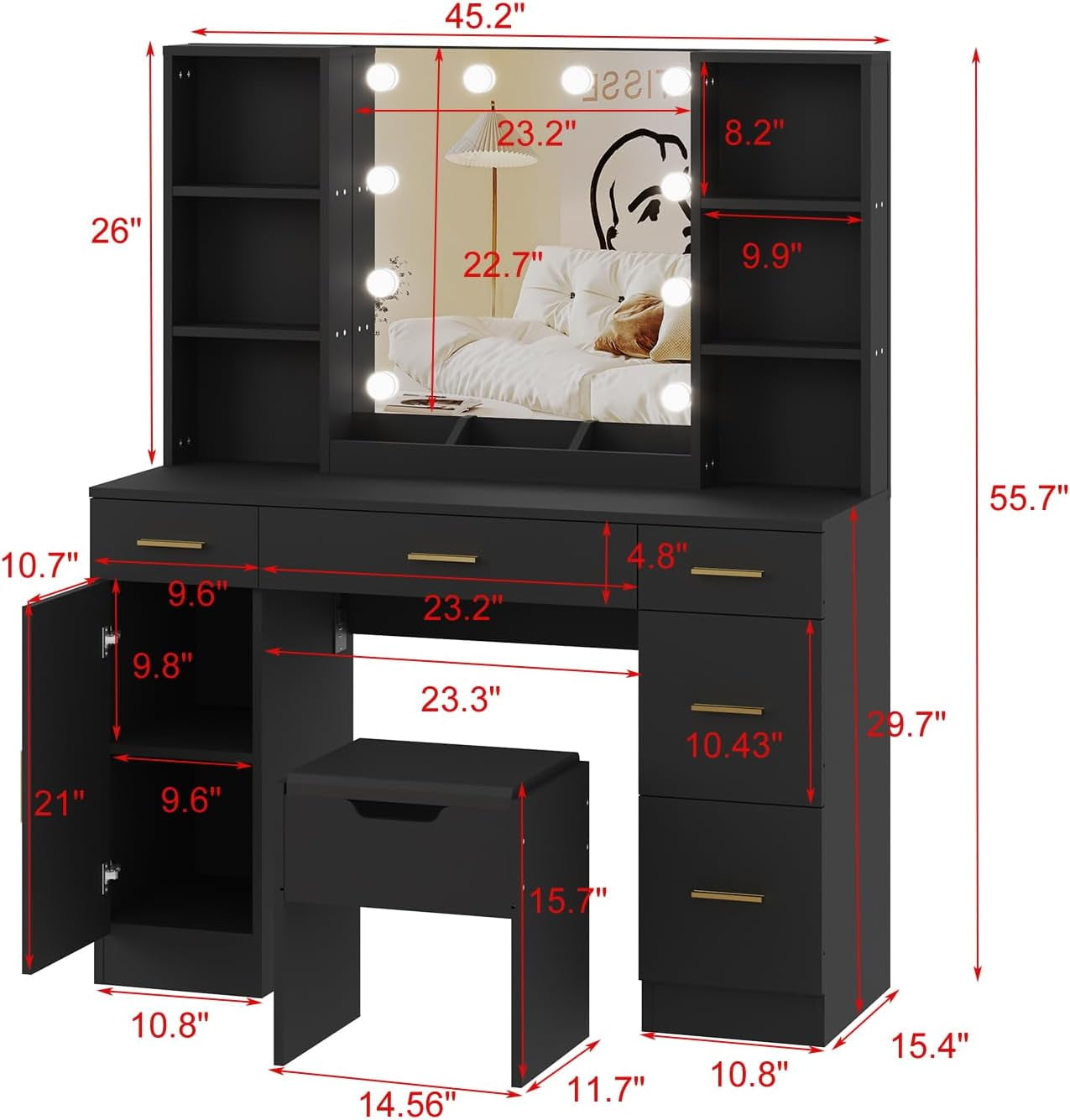 COZONY Vanity Desk with Mirror, Makeup Dressing Table Playset, Charging Station, 6 Open Shelves, 5 Drawers & Cabinet Door, 10 LED Bulbs & 3 Modes, Bedroom, Bathroom, Living Room, Black
