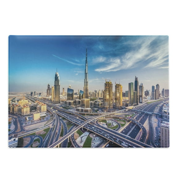 City Cutting Board, Panoramic View of Dubai Cityscape High Rise Buildings Traffic Roads, Decorative Tempered Glass Cutting and Serving Board, Large Size, Blue Ivory Marigold, by Ambesonne