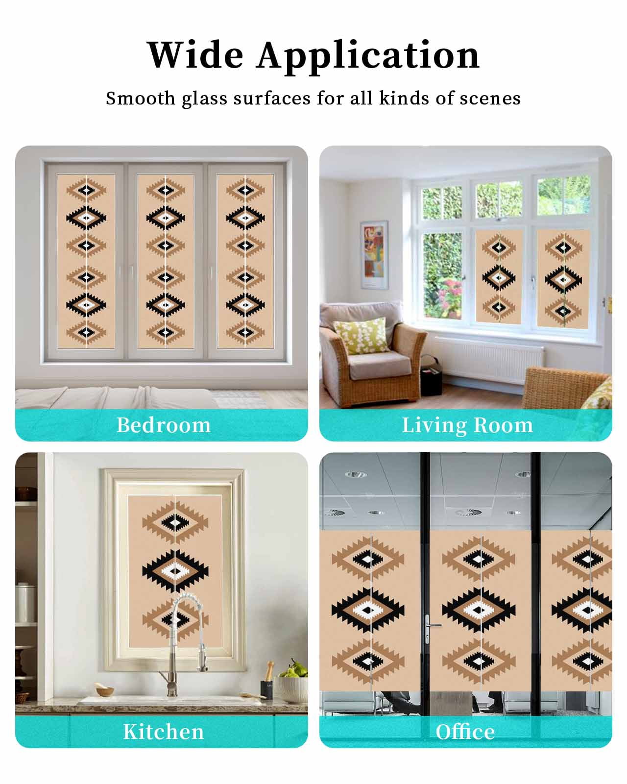 Window Privacy Film, Black Brown Boho Aztec UV Sun Blocking Window Tint Film Heat Control One Way Blackout Window Film, Morocco Mexican Geometric Bohemian Non Adhesive Static Cling 35.4x78.7 In