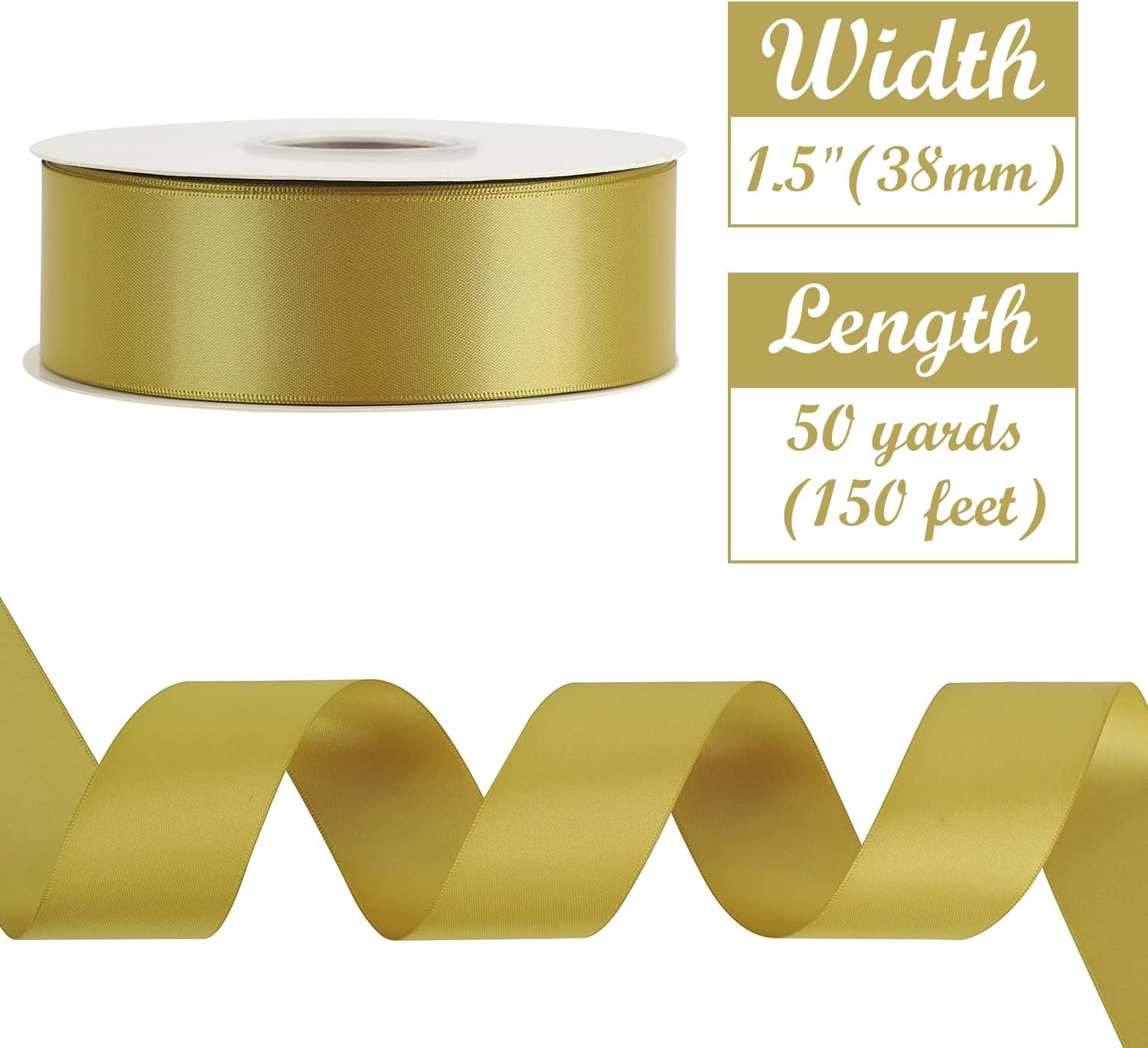 Gold Satin Ribbon 1-1/2 inch x 50 Yards Dijon Gold Double-Faced Satin Ribbon for Gift Wrapping, Bows, Flower Bouquet, Crafts, Bridal Shower Wedding Decor, Christmas Tree