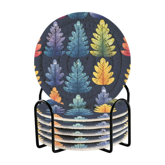 Colorful Tree Coasters with Holder for Coffee Table 6 Pcs Drink Coaster Sets Absorbent for Home Decor 4 inch
